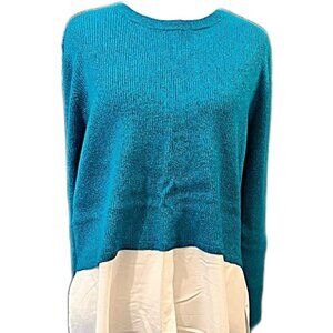 Women's Y2K Sparkling Teal Blue & Ivory tunic hi/low sweater shirt combo - Large